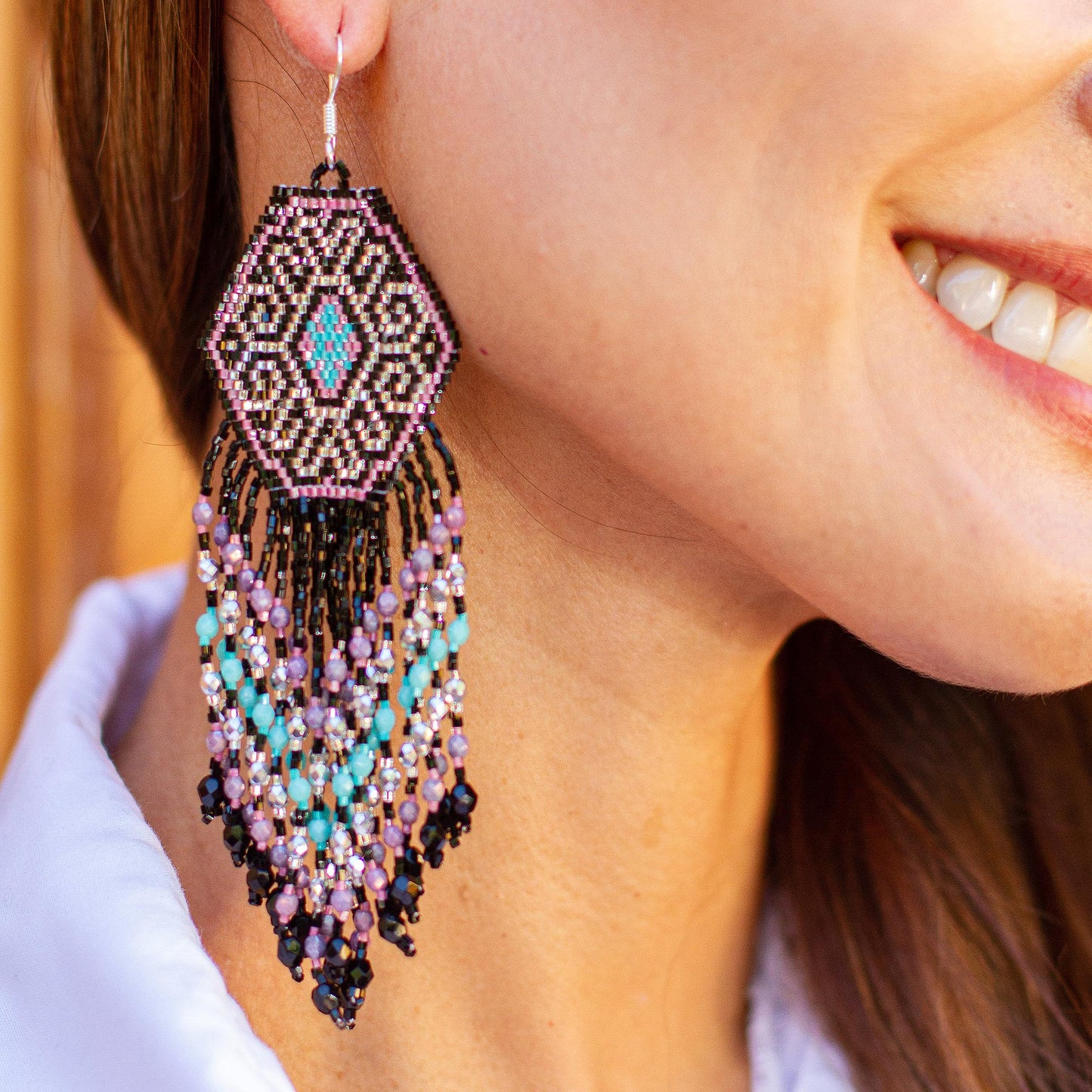 Pink Extravaganza Huichol Beadwork Long Earrings in Black-Pink-Mint