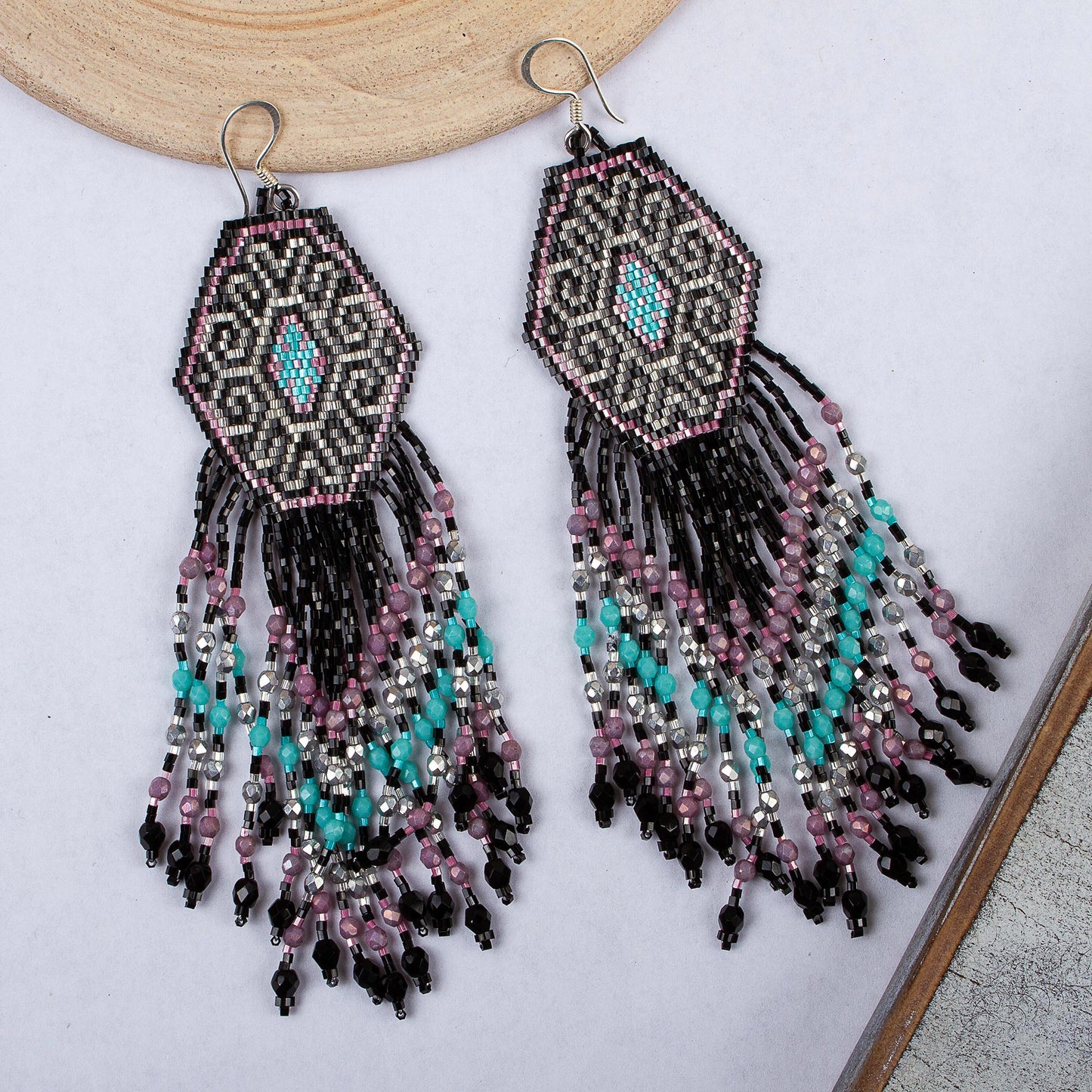 Pink Extravaganza Huichol Beadwork Long Earrings in Black-Pink-Mint