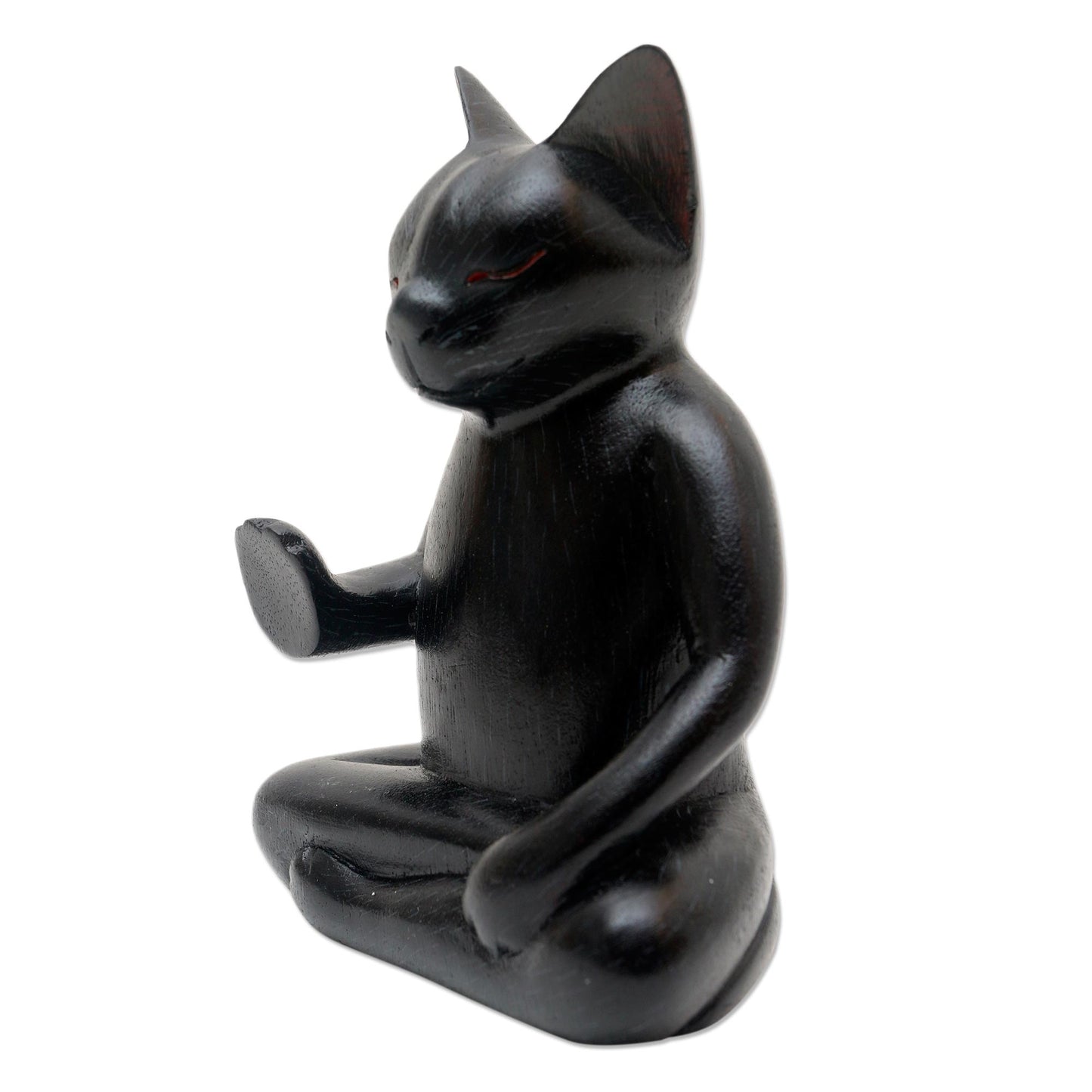 Black Cat Meditates Wood Statuette of Black Cat Meditating