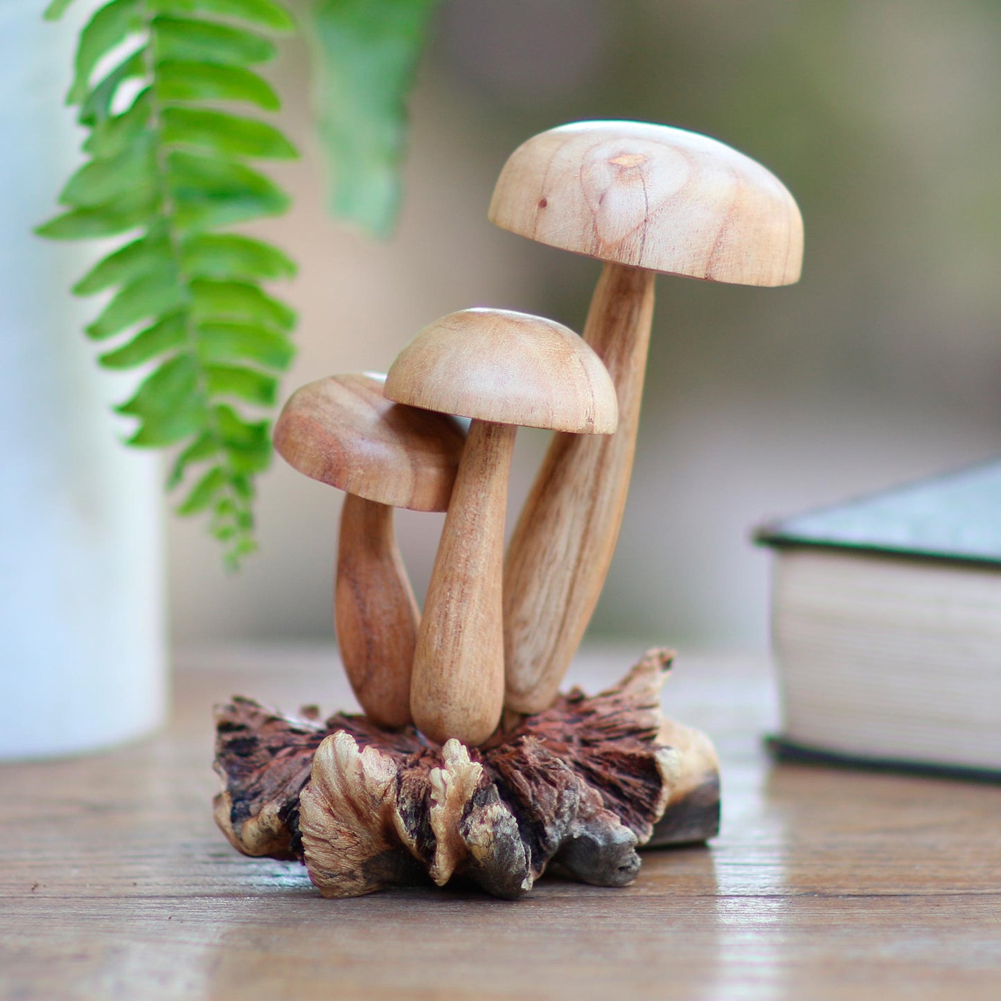 Growing Mushrooms Hand Carved Wood Mushroom Sculpture from Bali