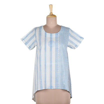 Waves of Blue Block Printed White Cotton Top with Light Blue Stripe Detail