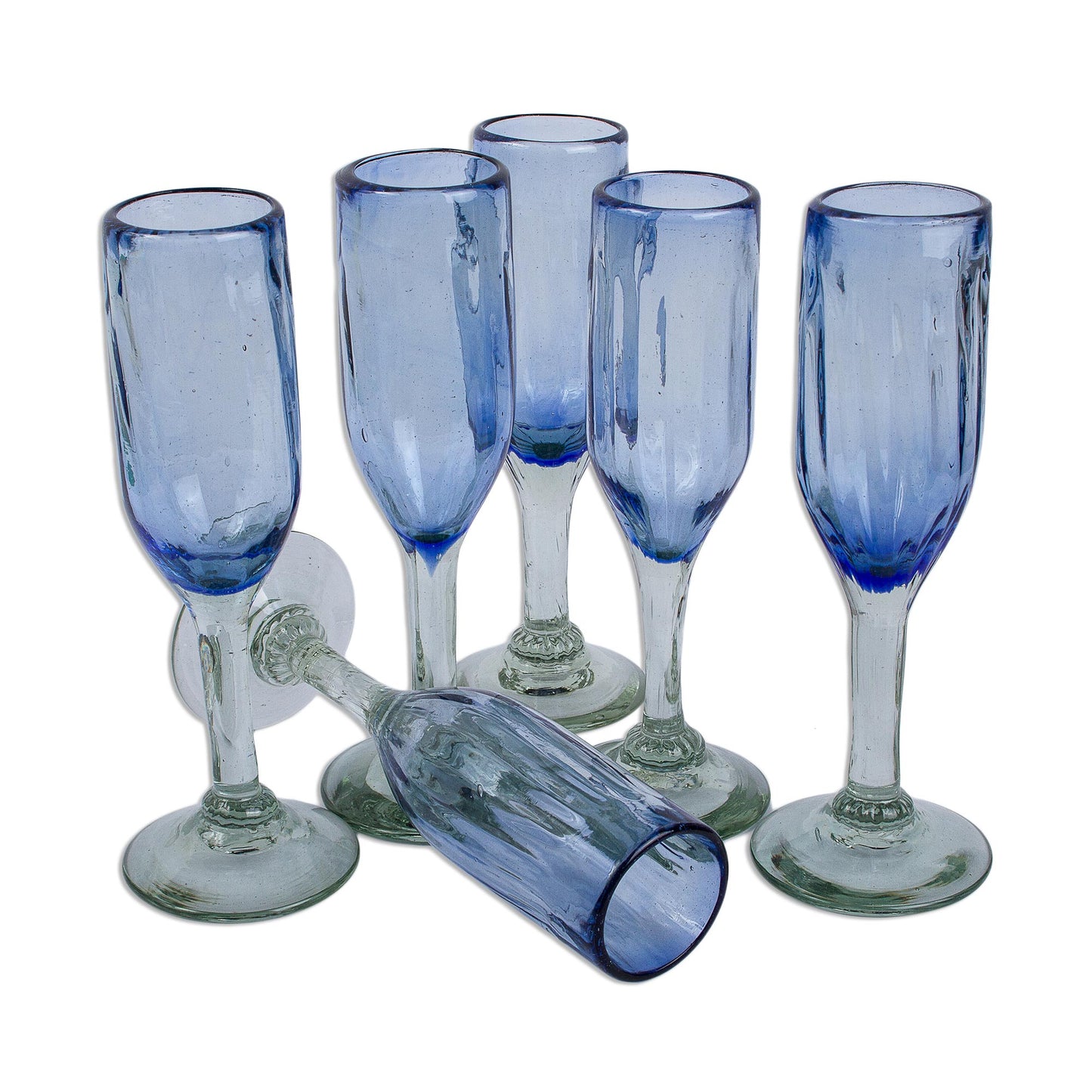 Fiesta Azul Hand Blown Blue Recycled Glass Champagne Flutes (Set of 6)