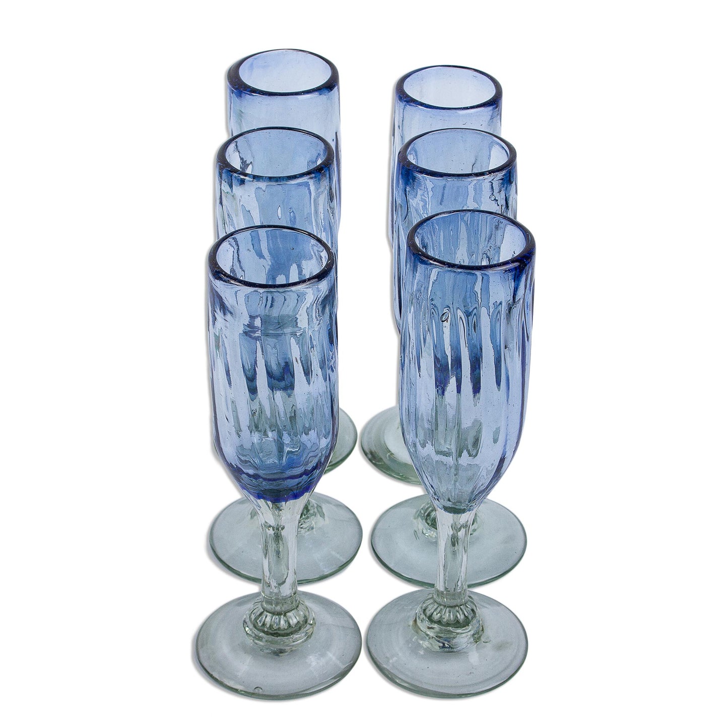 Fiesta Azul Hand Blown Blue Recycled Glass Champagne Flutes (Set of 6)