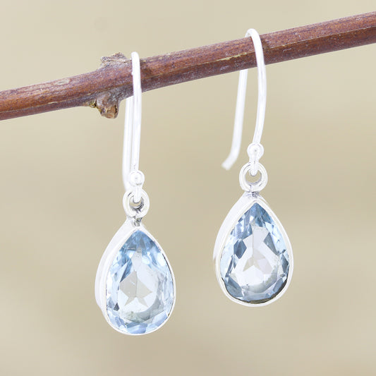 Blue Droplets Teardrop Faceted Blue Topaz Silver Dangle Earrings