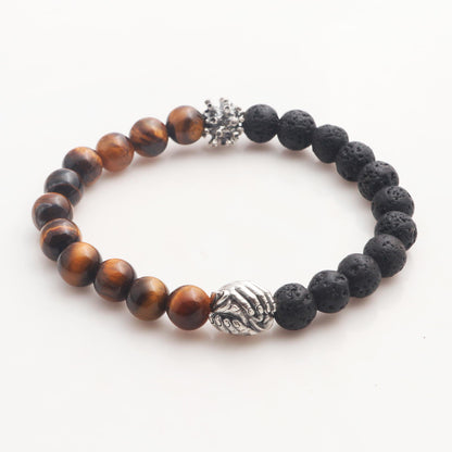 Helping Hands Together Bali Sterling Silver Tiger's Eye Lava Stone Unity Bracelet