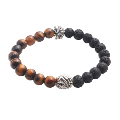 Helping Hands Together Bali Sterling Silver Tiger's Eye Lava Stone Unity Bracelet