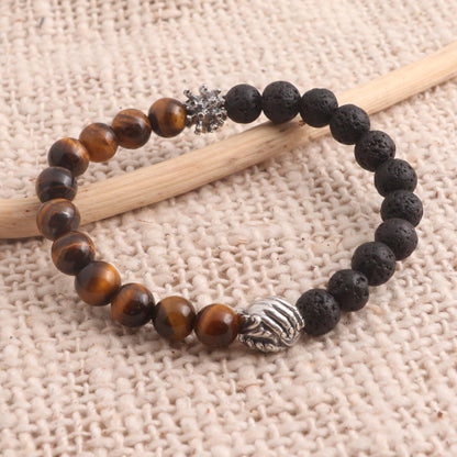 Helping Hands Together Bali Sterling Silver Tiger's Eye Lava Stone Unity Bracelet