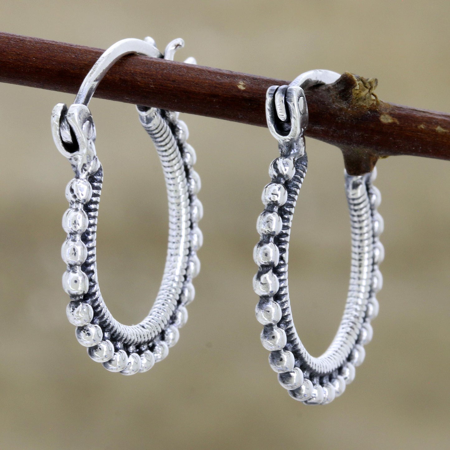 Brightly Shining Beaded Sterling Silver Hoops from India