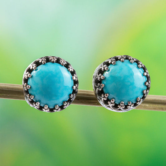 Elegant Fretwork Natural Turquoise and Taxco Silver Stud Earrings