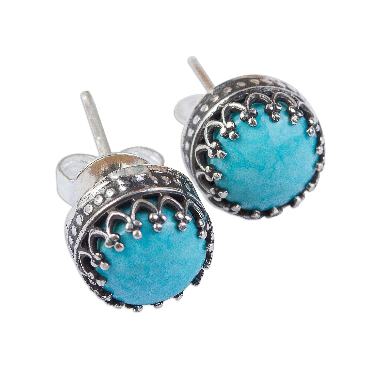 Elegant Fretwork Natural Turquoise and Taxco Silver Stud Earrings