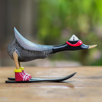 Downhill Duck in Black Hand Painted Wood Skiing Duck Statuette