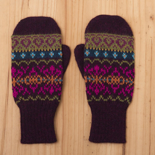 Inca Aubergine Dark Purple and Multicolored 100% Alpaca Mittens