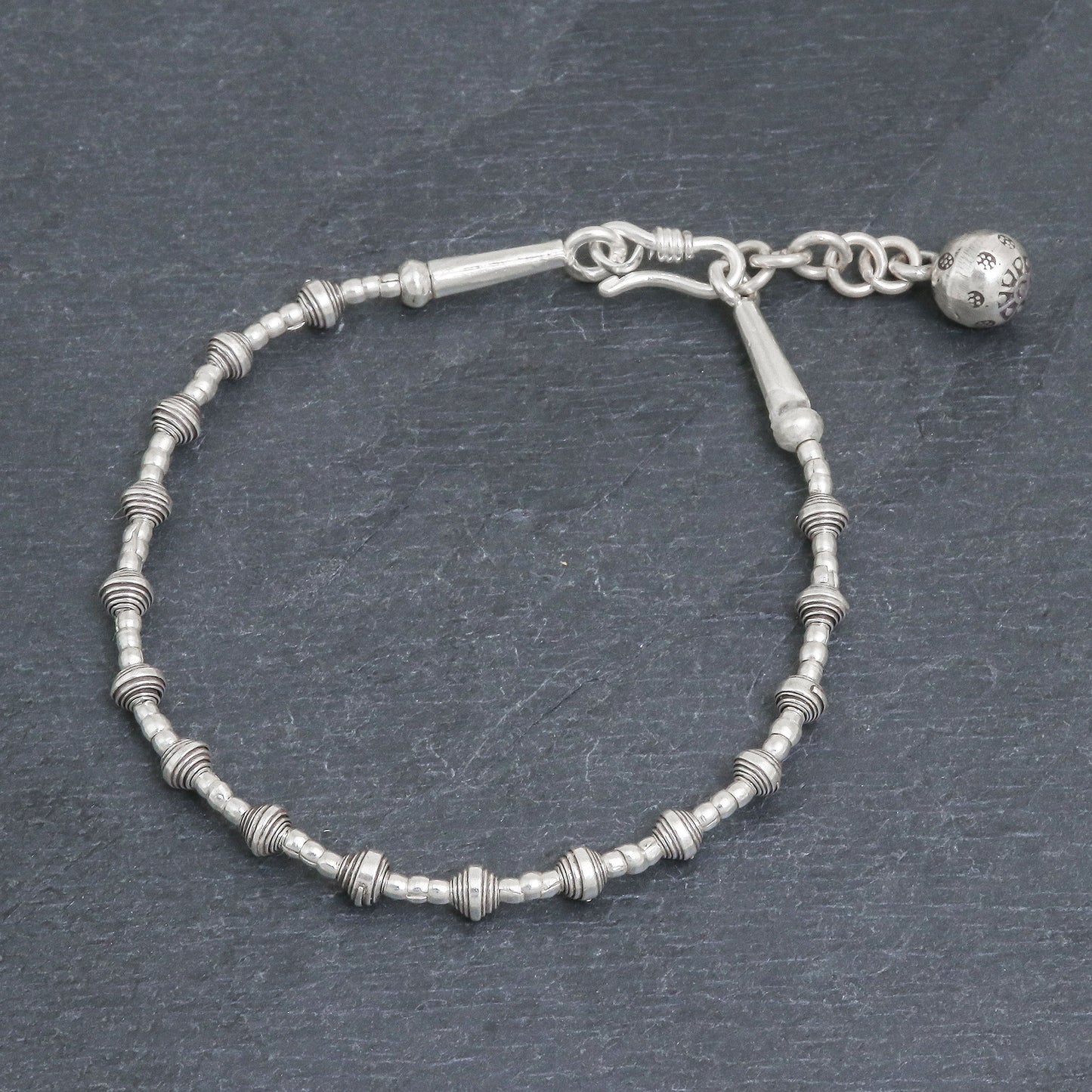 Flower Ball Silver Link Bracelet with Extender Chain from Thailand