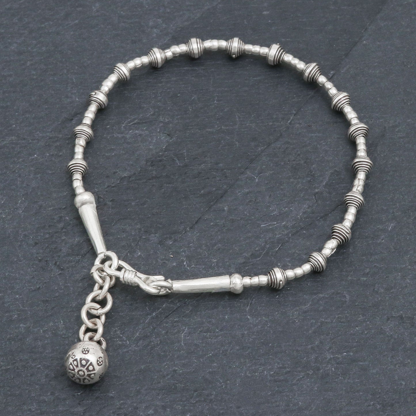 Flower Ball Silver Link Bracelet with Extender Chain from Thailand