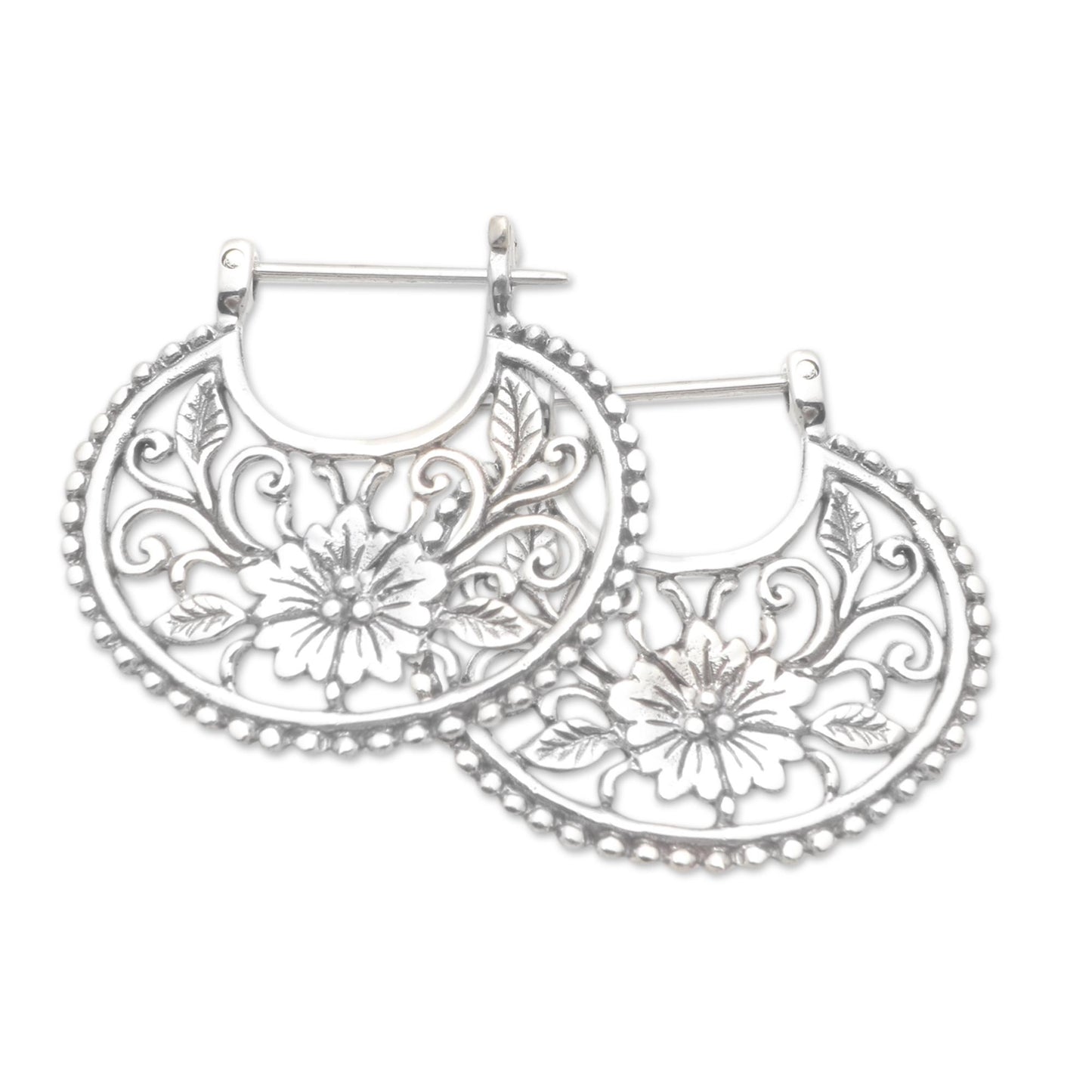 Floral Curves Balinese Sterling Silver Hoop Earrings