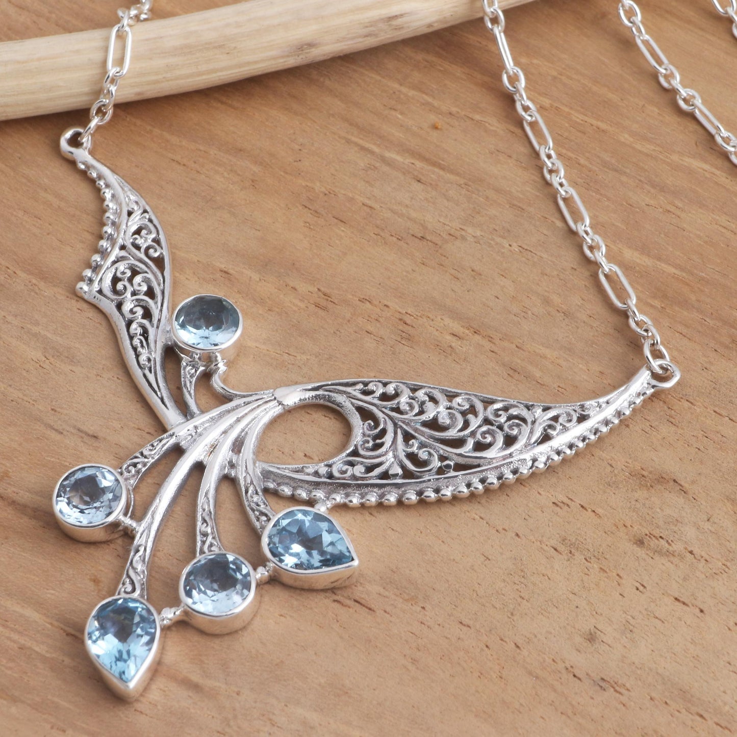 Winged Dreams Balinese Blue Topaz Sterling Silver Pendant Necklace