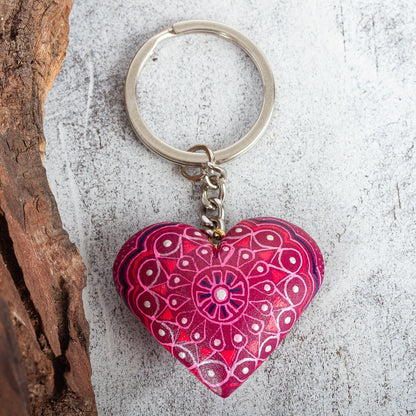 Cherry Heart Alebrije-Style Wood Heart Key Fob