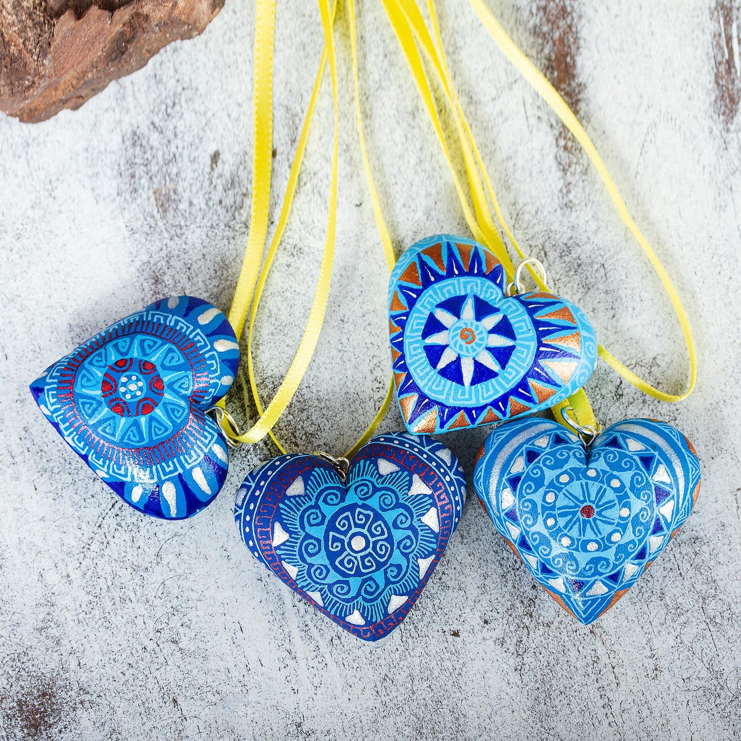 Blue Zapotec Heart 4 Zapotec Hand Painted Blue Wood Heart Ornaments