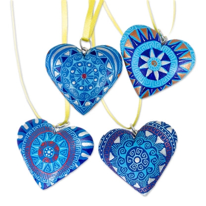 Blue Zapotec Heart 4 Zapotec Hand Painted Blue Wood Heart Ornaments