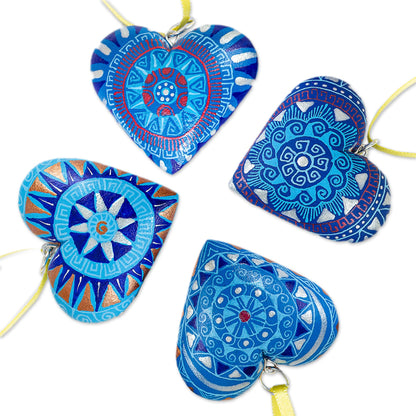 Blue Zapotec Heart 4 Zapotec Hand Painted Blue Wood Heart Ornaments