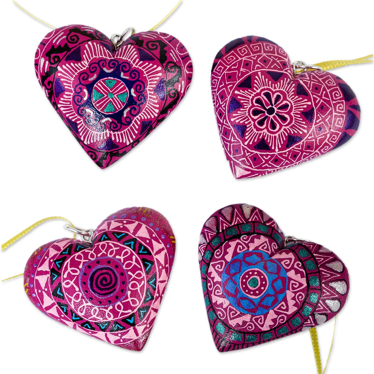 Fuchsia Zapotec Heart 4 Zapotec Hand Painted Fuchsia Wood Heart Ornaments