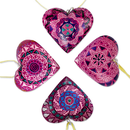 Fuchsia Zapotec Heart 4 Zapotec Hand Painted Fuchsia Wood Heart Ornaments