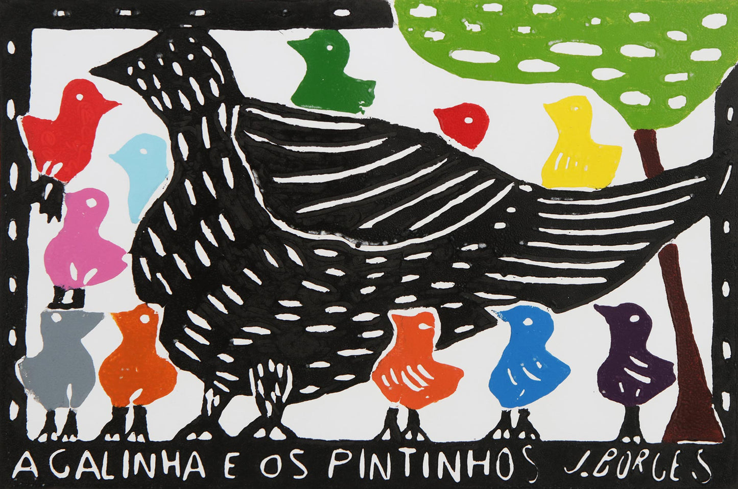 The Hen and Her Chicks Bird Family Multicolor Woodcut Print by J. Borges in Brazil