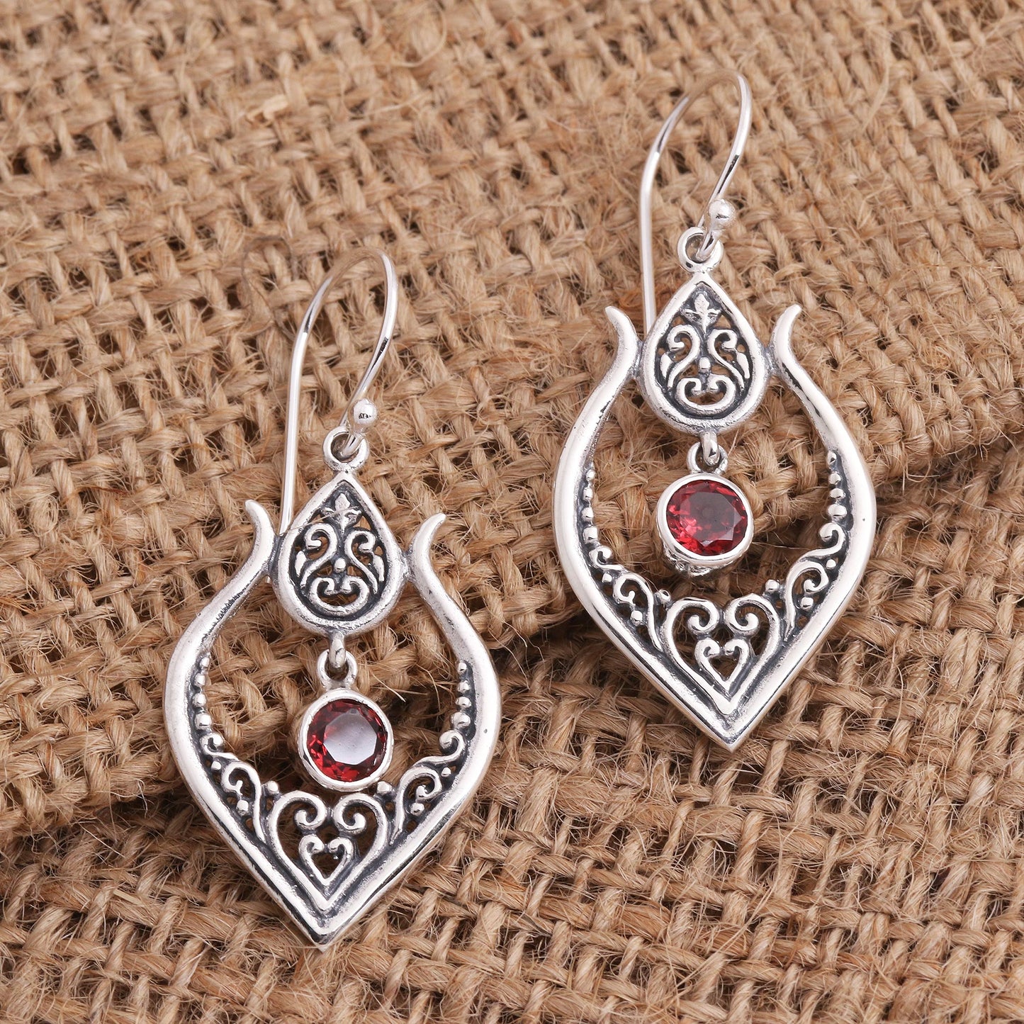 Red Flash Balinese Garnet and Sterling Silver Dangle Earrings