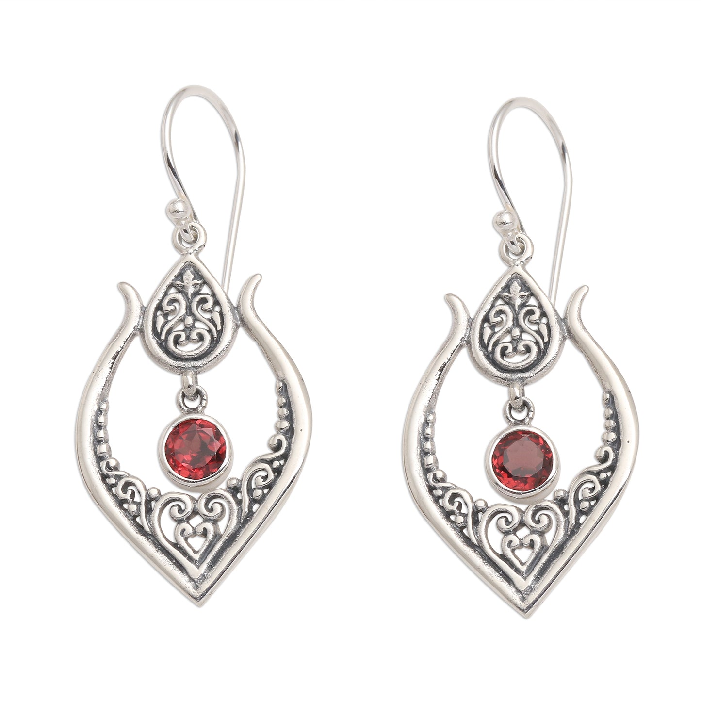 Red Flash Balinese Garnet and Sterling Silver Dangle Earrings