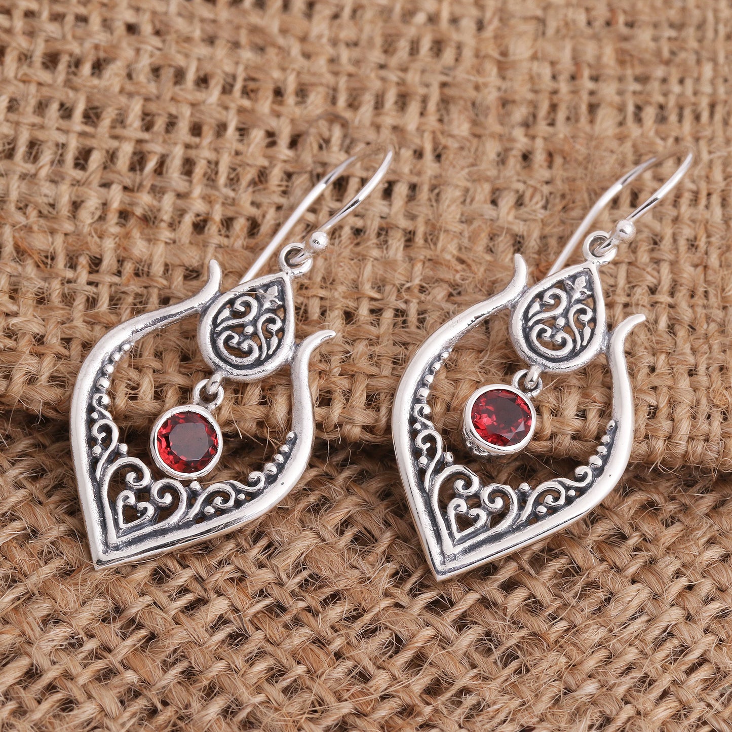 Red Flash Balinese Garnet and Sterling Silver Dangle Earrings