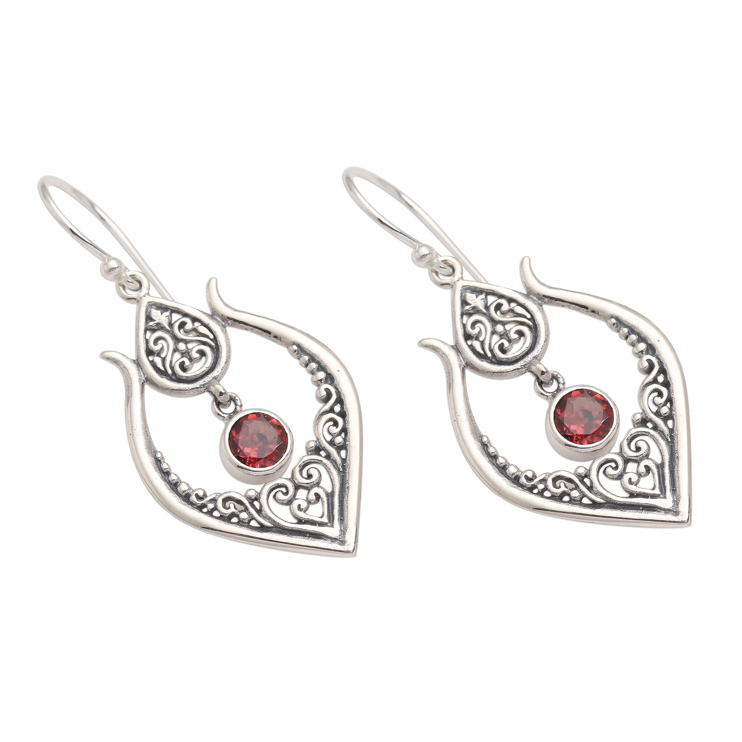 Red Flash Balinese Garnet and Sterling Silver Dangle Earrings