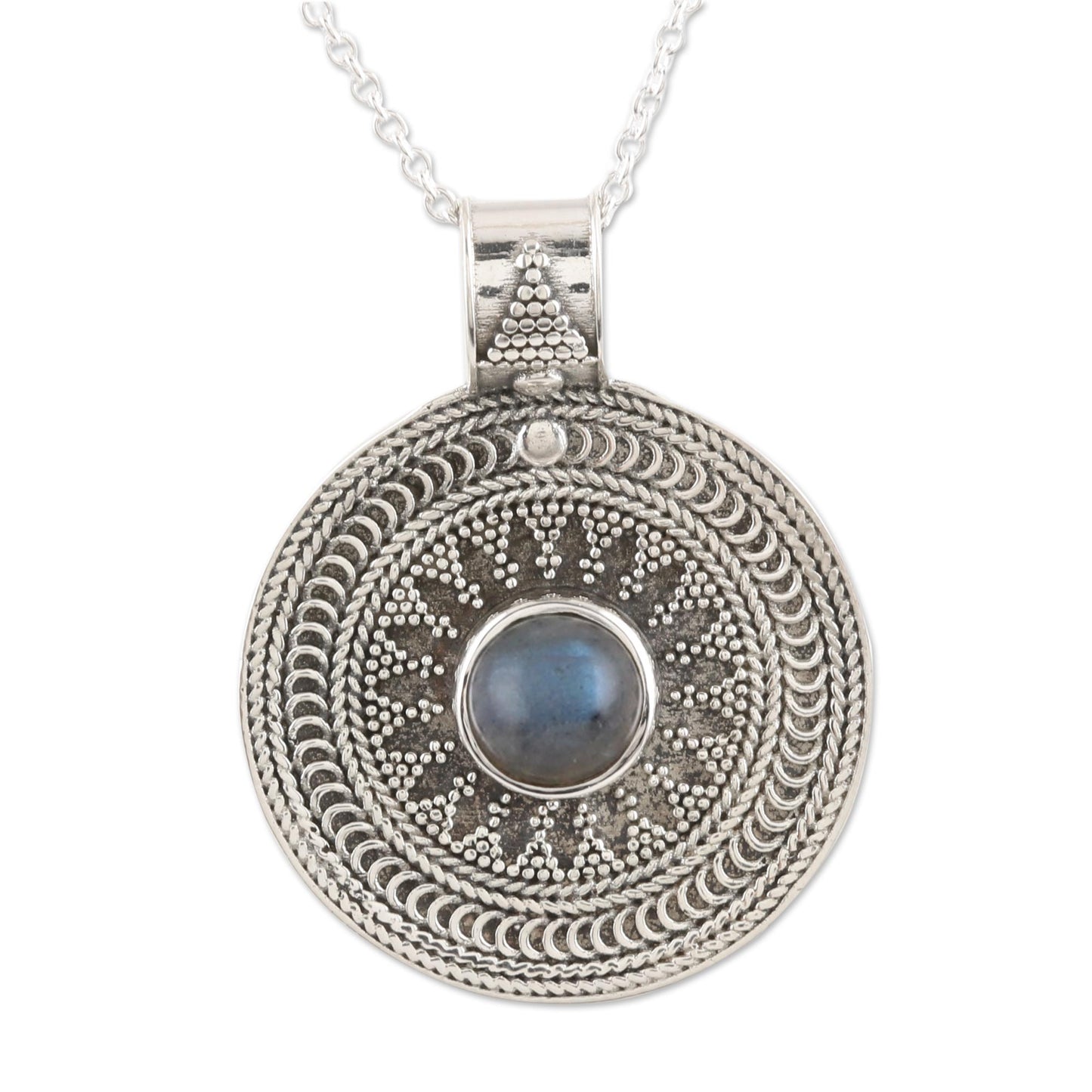 Lunar Love Sterling Silver Medallion Pendant with Labradorite Cabochon