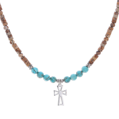 Earthy Cross Multi-Gemstone Beaded Cross Pendant Necklace