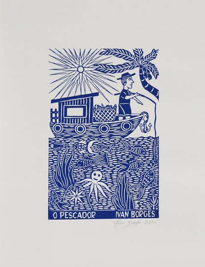 The Fisherman Fisherman and Boat Blue and White Brazilian Woodcut Print