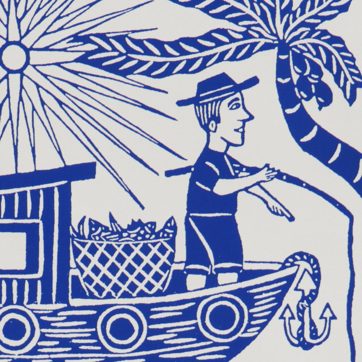 The Fisherman Fisherman and Boat Blue and White Brazilian Woodcut Print