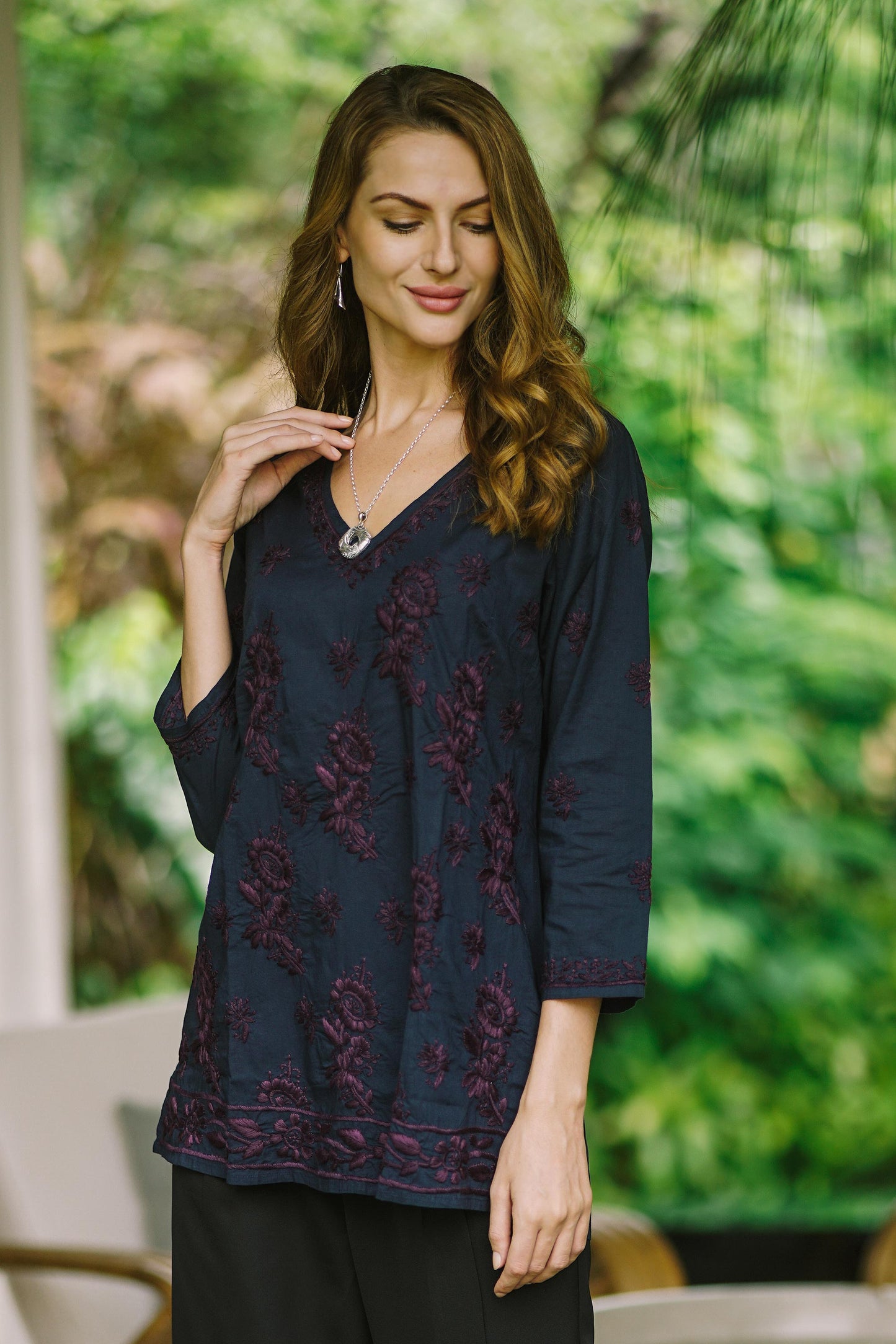 Lucknow Blossoms Hand Embroidered Navy Tunic with Maroon Flowers