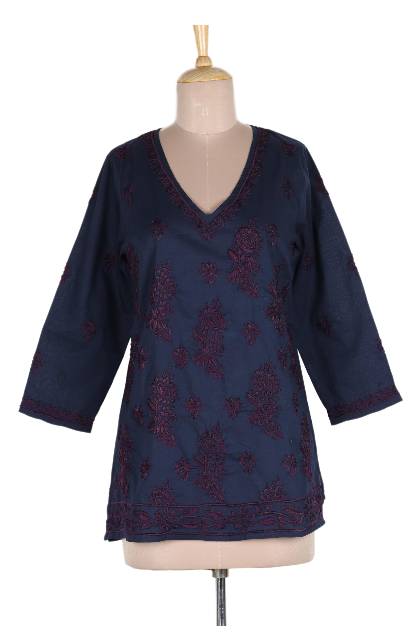 Lucknow Blossoms Hand Embroidered Navy Tunic with Maroon Flowers