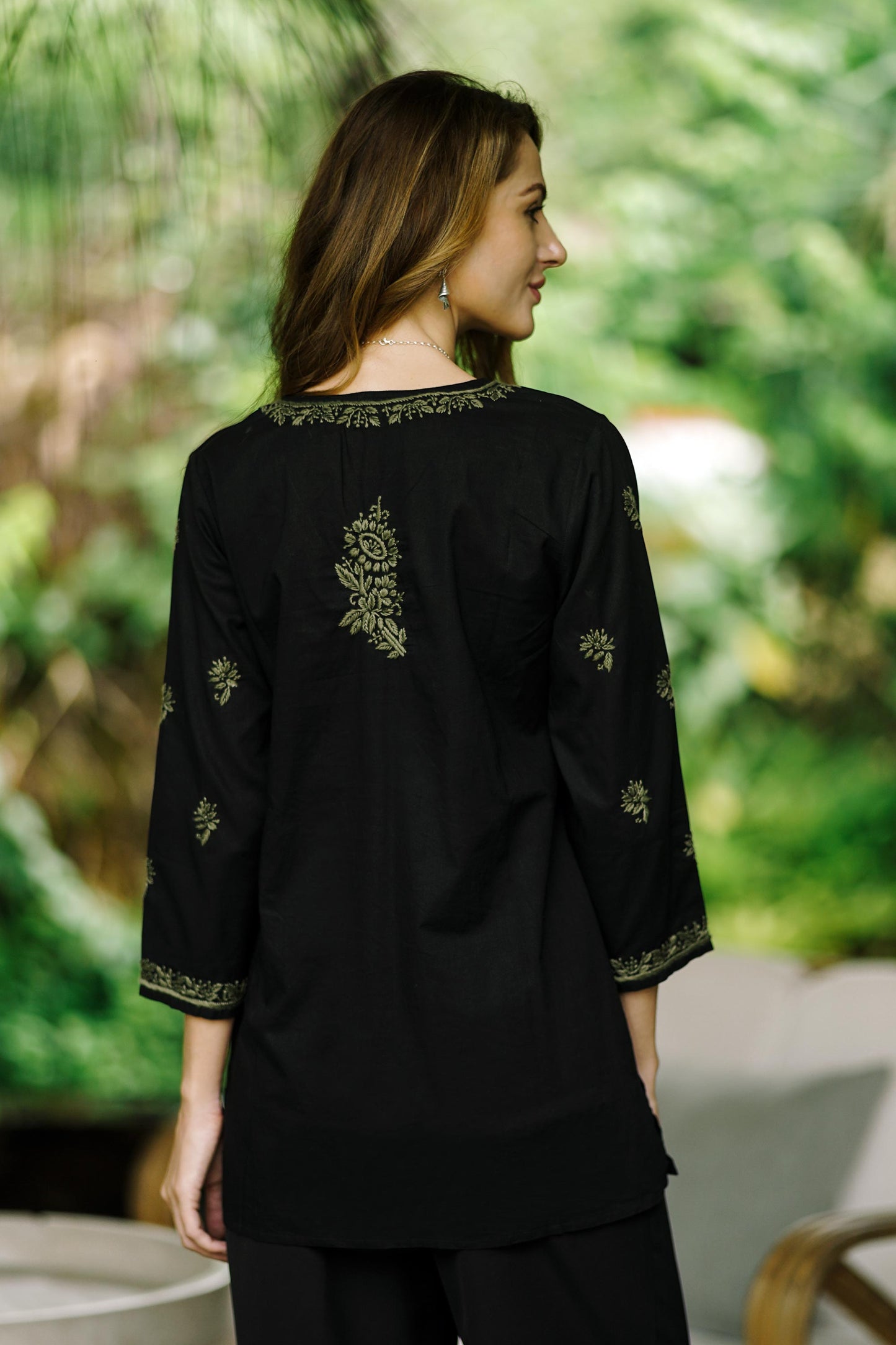 Midnight in the Garden Black Cotton Tunic with Hand Embroidered Details