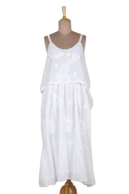 Summer Paisley in White White Embroidered Cotton Sundress with Spaghetti Straps