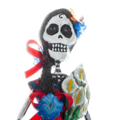 Catrina with Lilies Mexican Skeletal Catrina Papier Mache Statuette