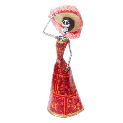 Catrina in Red Hand Crafted Papier Mache Catrina Sculpture with Hat