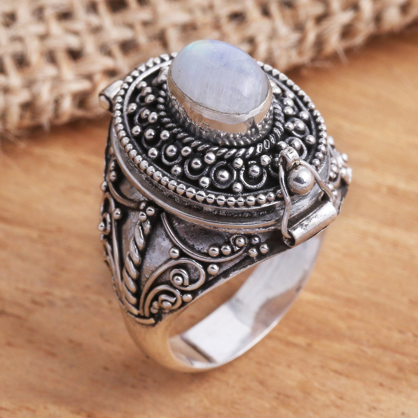 The Secret in White Rainbow Moonstone Locket Sterling Silver Cocktail Ring