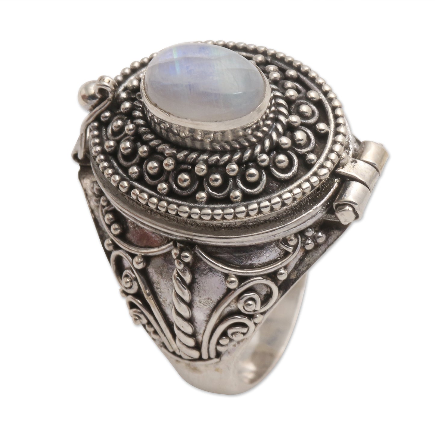 The Secret in White Rainbow Moonstone Locket Sterling Silver Cocktail Ring