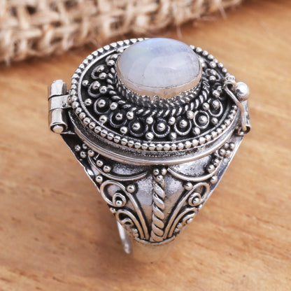 The Secret in White Rainbow Moonstone Locket Sterling Silver Cocktail Ring