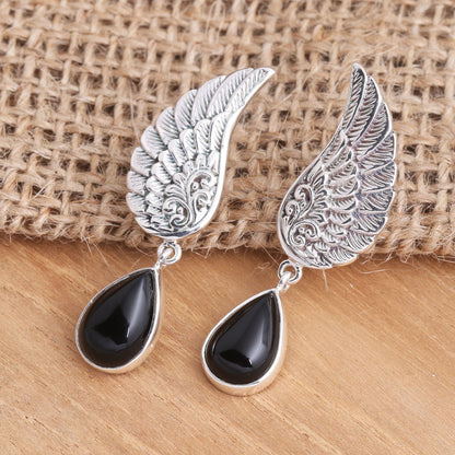 On the Wings of Midnight Onyx Sterling Silver Dangle Earrings Wings