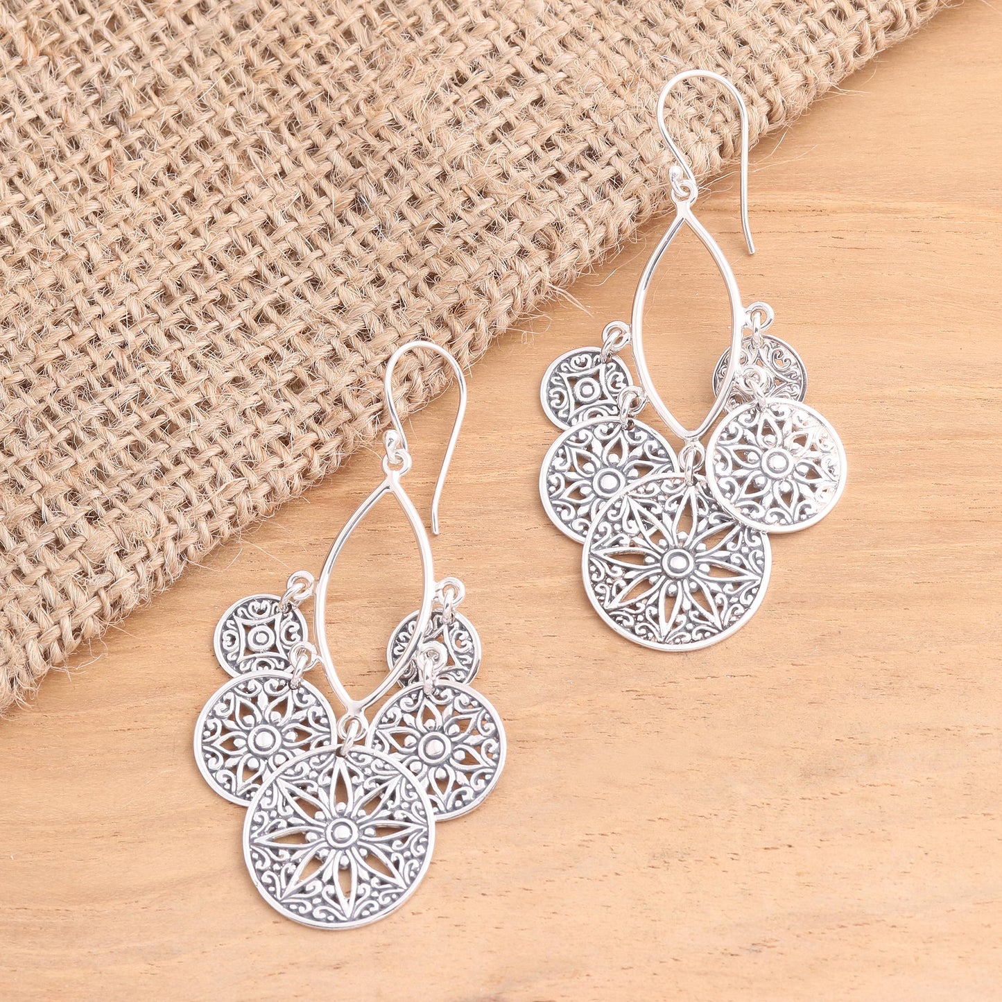 Circle of Progression Sterling Silver Dangle Earrings Flowers and Circles