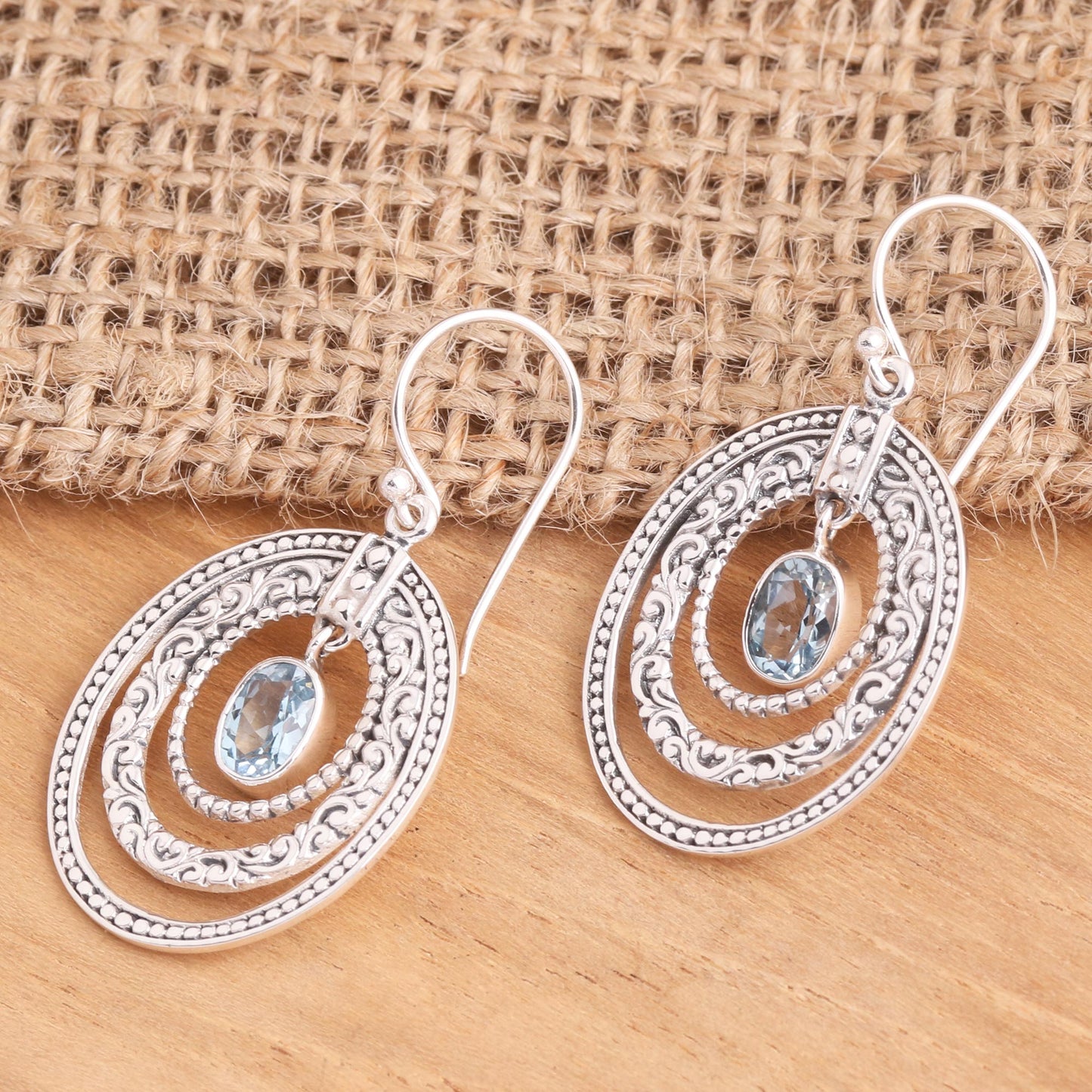 Inner Circles in Blue Concentric Circle Blue Topaz Earrings Balinese Motif