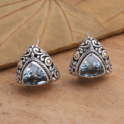 Pyramid Power in Blue Triangular Bezel Set Blue Topaz Button Earrings