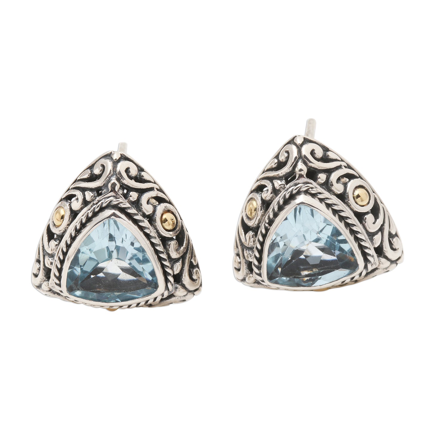 Pyramid Power in Blue Triangular Bezel Set Blue Topaz Button Earrings