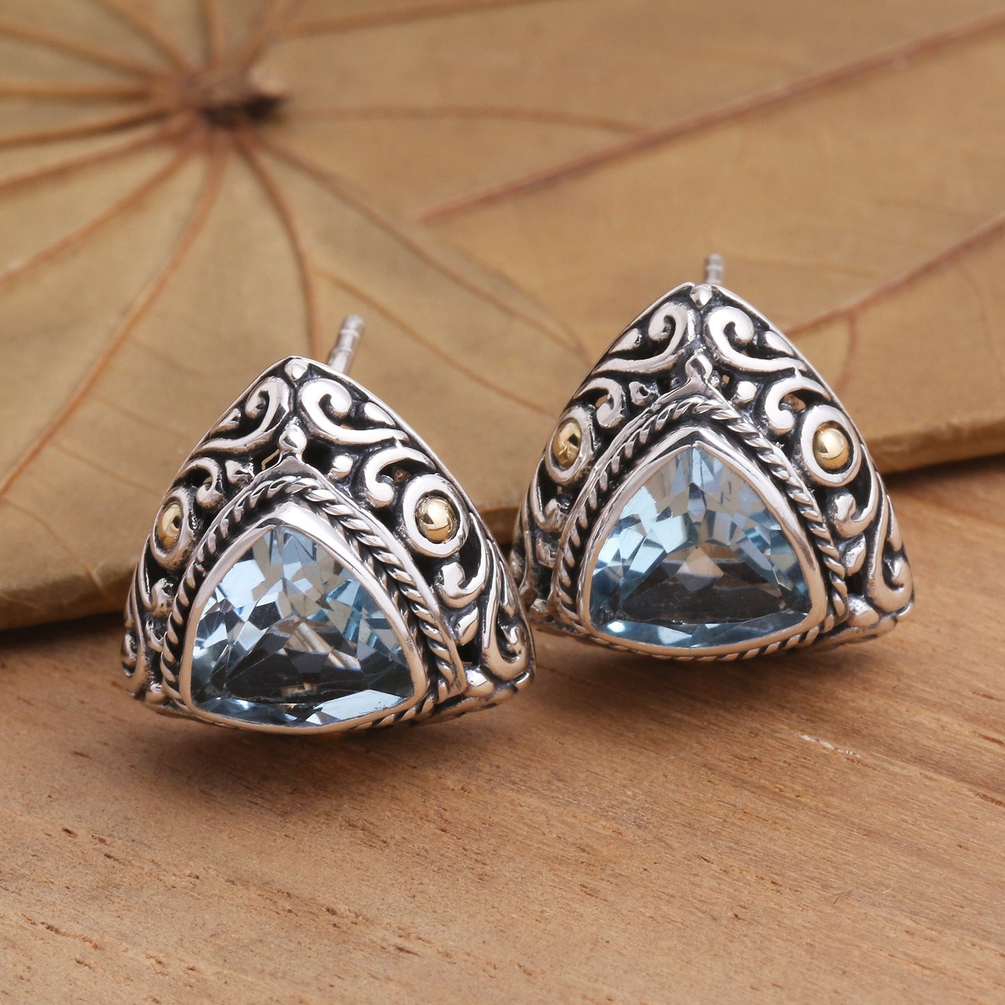 Pyramid Power in Blue Triangular Bezel Set Blue Topaz Button Earrings